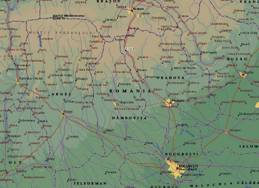 Carte partielle de la Roumanie, montrant l'emplacement de Sinaia